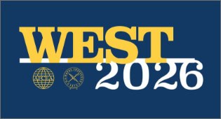 WEST 2026 logo on a dark blue background, with gold 'WEST' and white '2026' and small globe icons beneath.