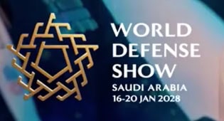 World Defense Show banner with a golden geometric logo and the text 'World Defense Show Saudi Arabia 16-20 Jan 2028' over a blue globe background.